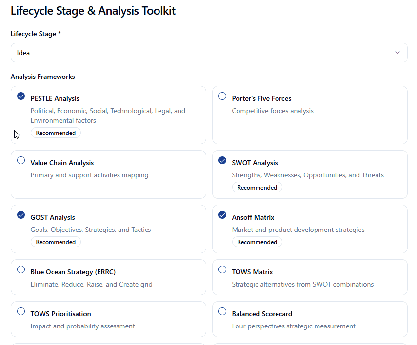 Lifecycle Stage Toolkit with analysis frameworks options.