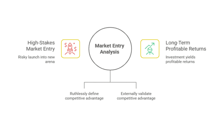 Market entry analysis: strategies, risks, and returns diagram.