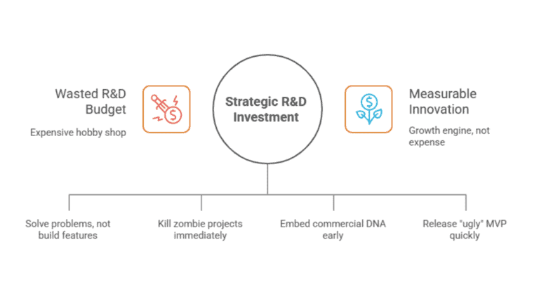 R&D strategy: budget wastage vs measurable innovation.