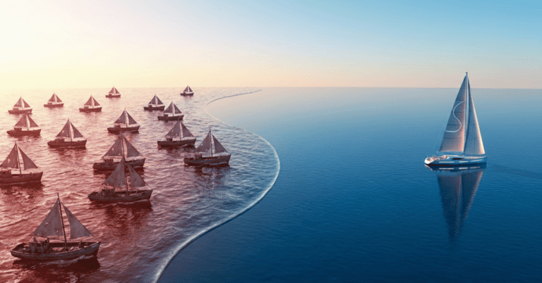 Yacht separates from fleet, sailing open sea.