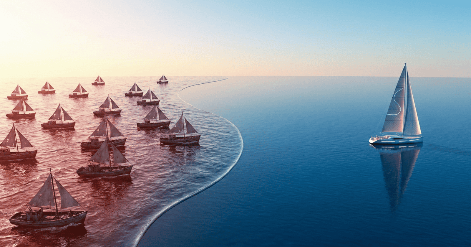 Yacht separates from fleet, sailing open sea.