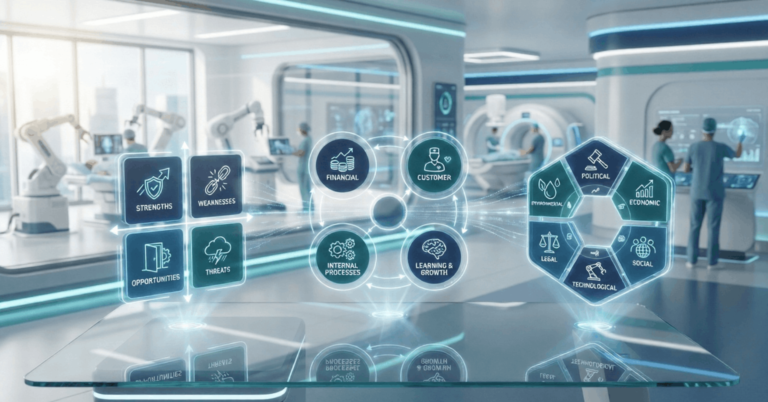 Futuristic control room with strategic planning elements.