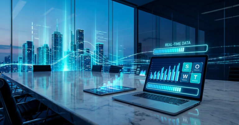 Modern office with digital data analytics displayed.