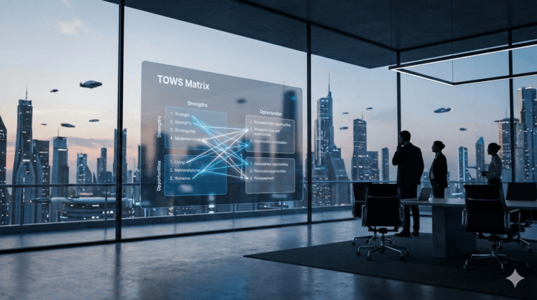 Business presentation in futuristic city skyscraper.