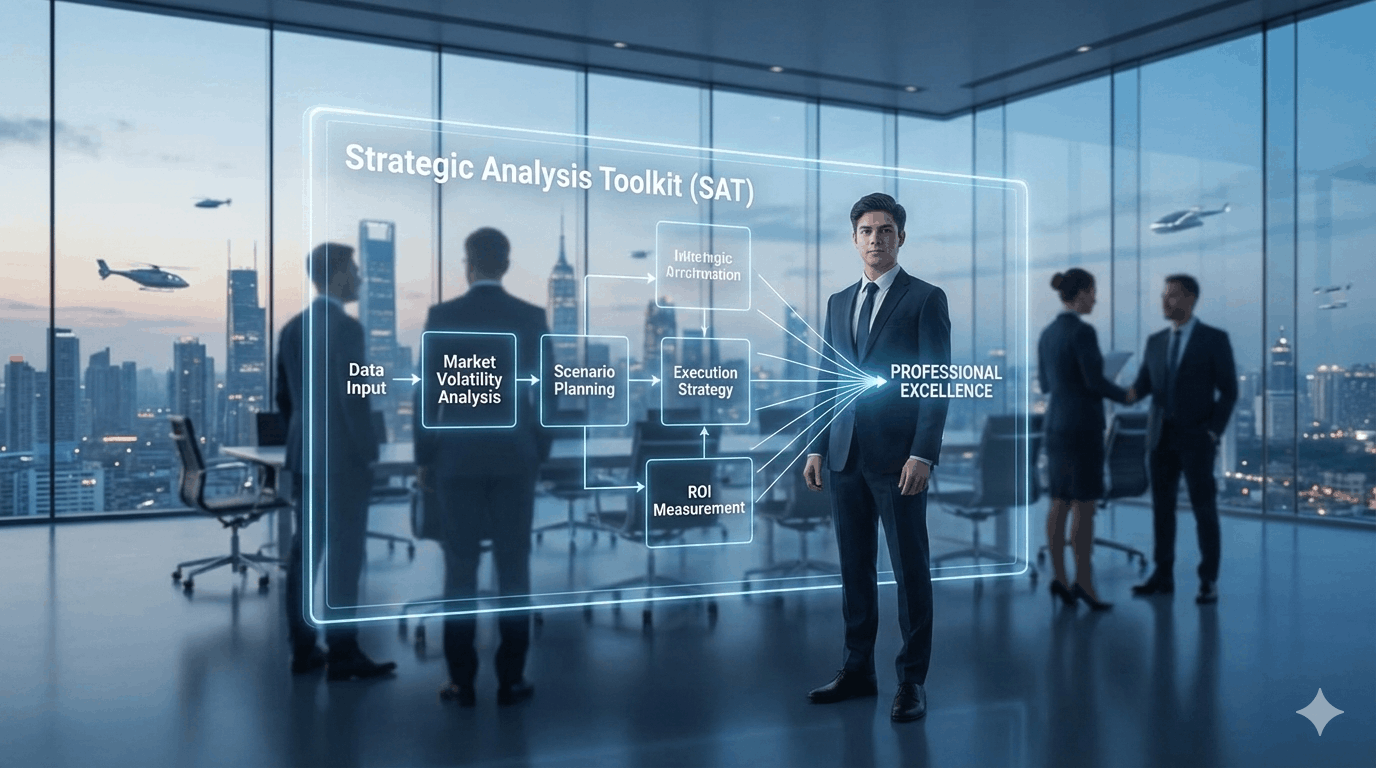 Business presentation on strategic analysis toolkit in office.