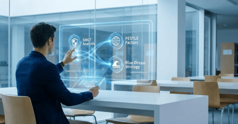 Man using interactive strategy analysis display.