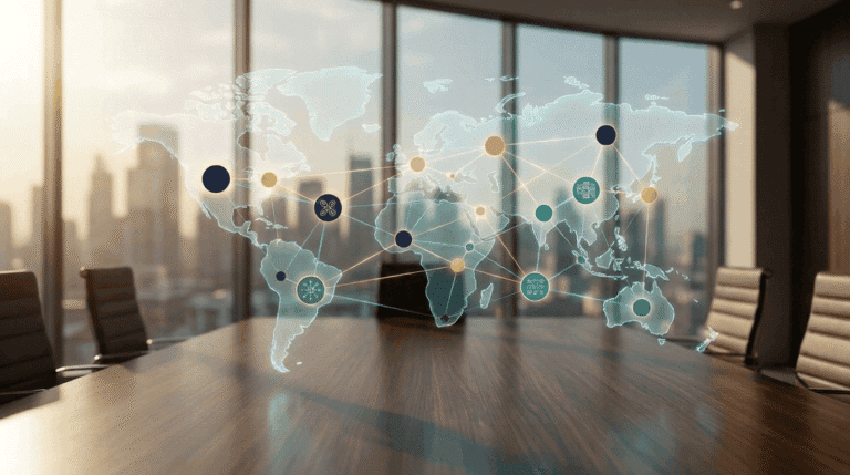 Global networking hologram in modern office boardroom.