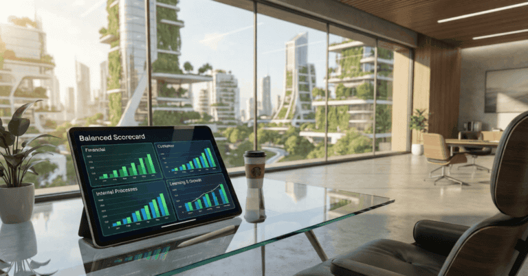 Modern office view with digital scorecard display.