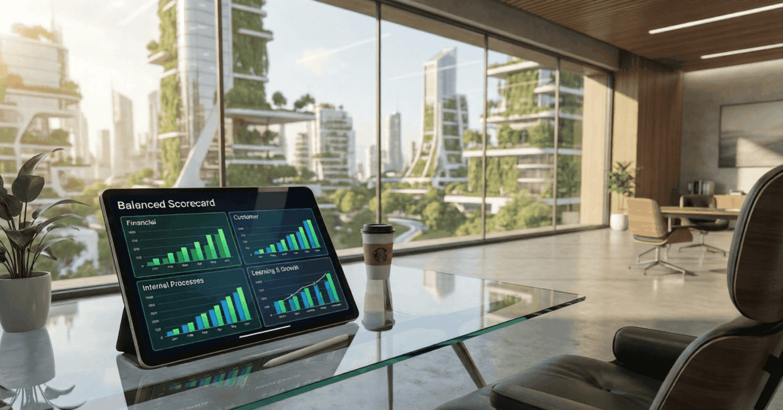 Modern office view with digital scorecard display.