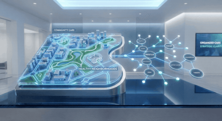 Futuristic city model with strategic planning chart.