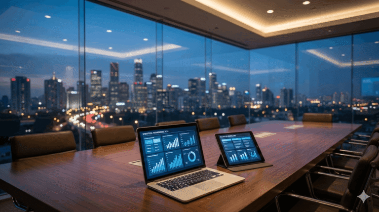 Modern office with laptops and city view.