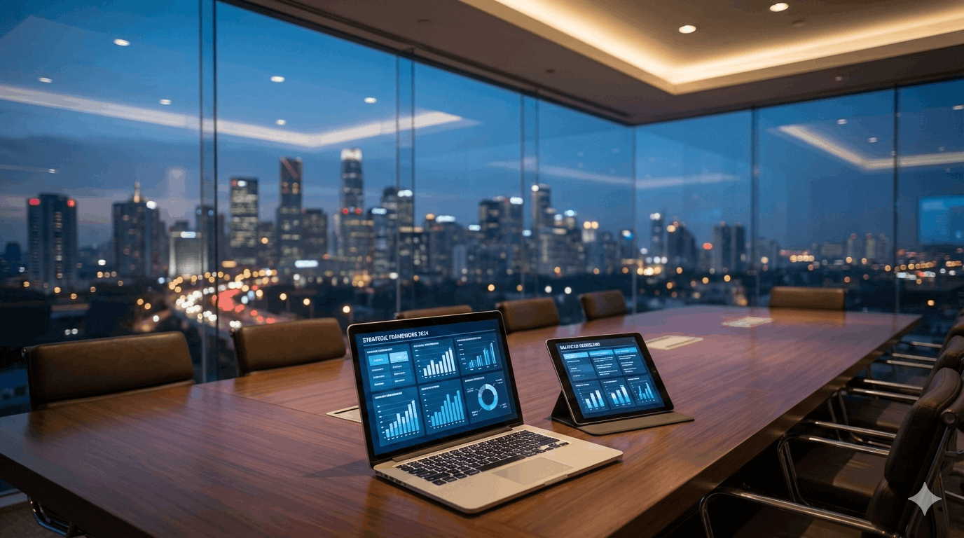 Modern office with laptops and city view.