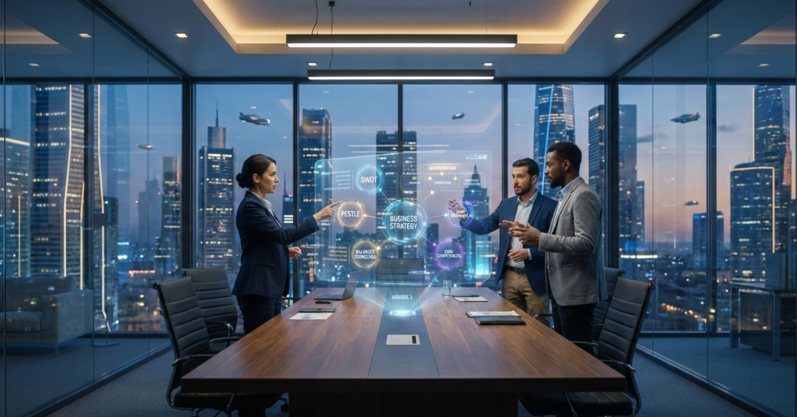 Business meeting with digital strategy hologram display.