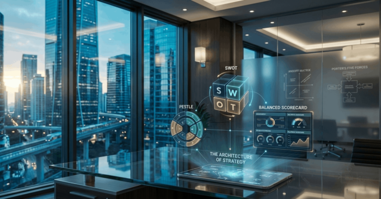 Modern office with digital strategy tools displayed.