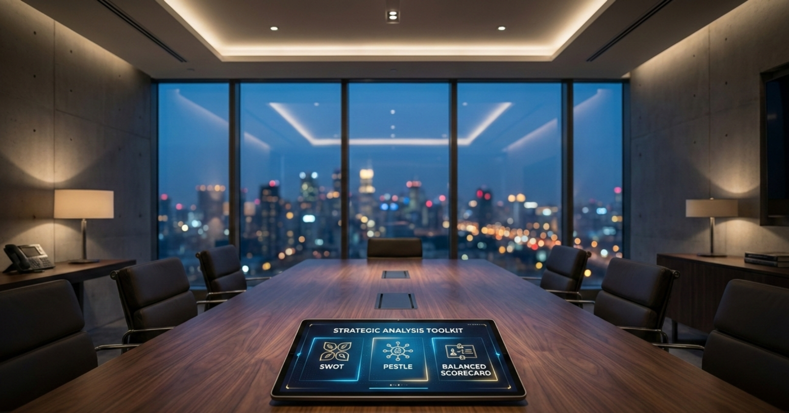 Tablet with strategic toolkit in modern boardroom.