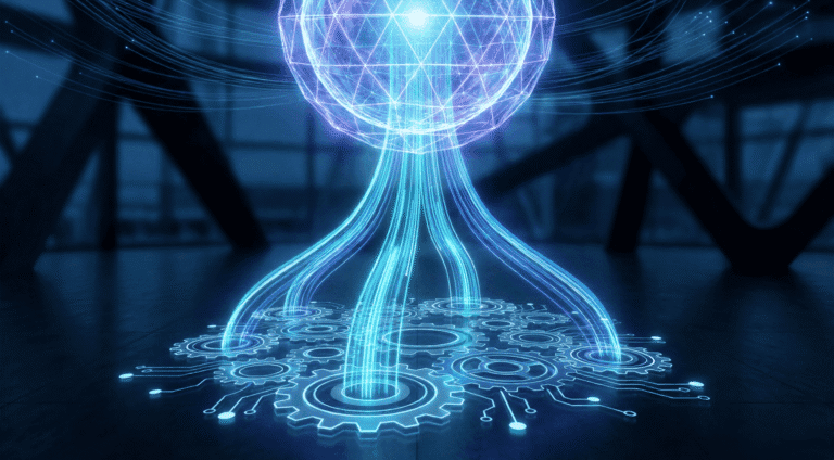 Futuristic digital network with glowing gears.