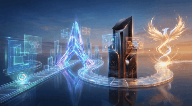 Futuristic path with digital symbols and phoenix.