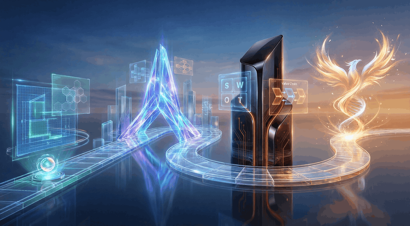 Futuristic path with digital symbols and phoenix.