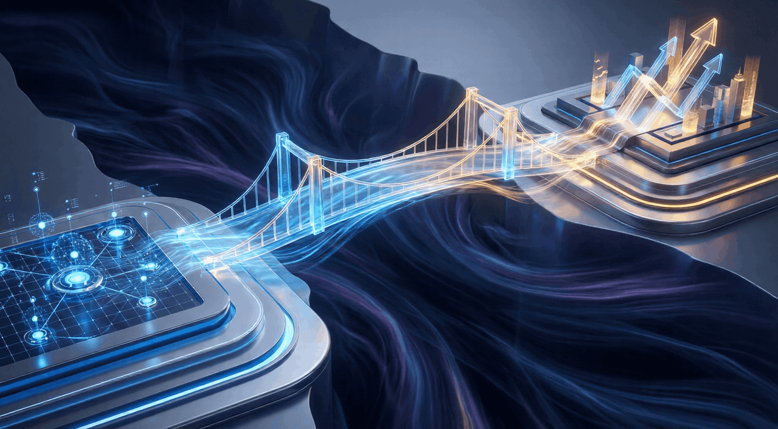 Digital bridge connecting technology platforms illustration.