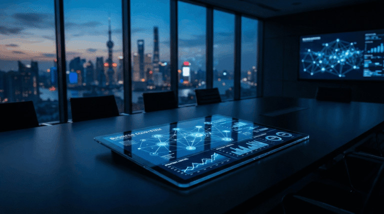 Futuristic boardroom with interactive digital displays.