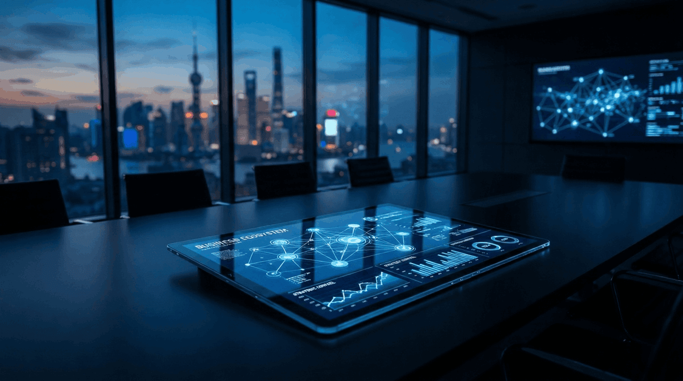 Futuristic boardroom with interactive digital displays.