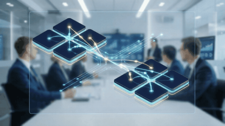 Business meeting with digital network overlay