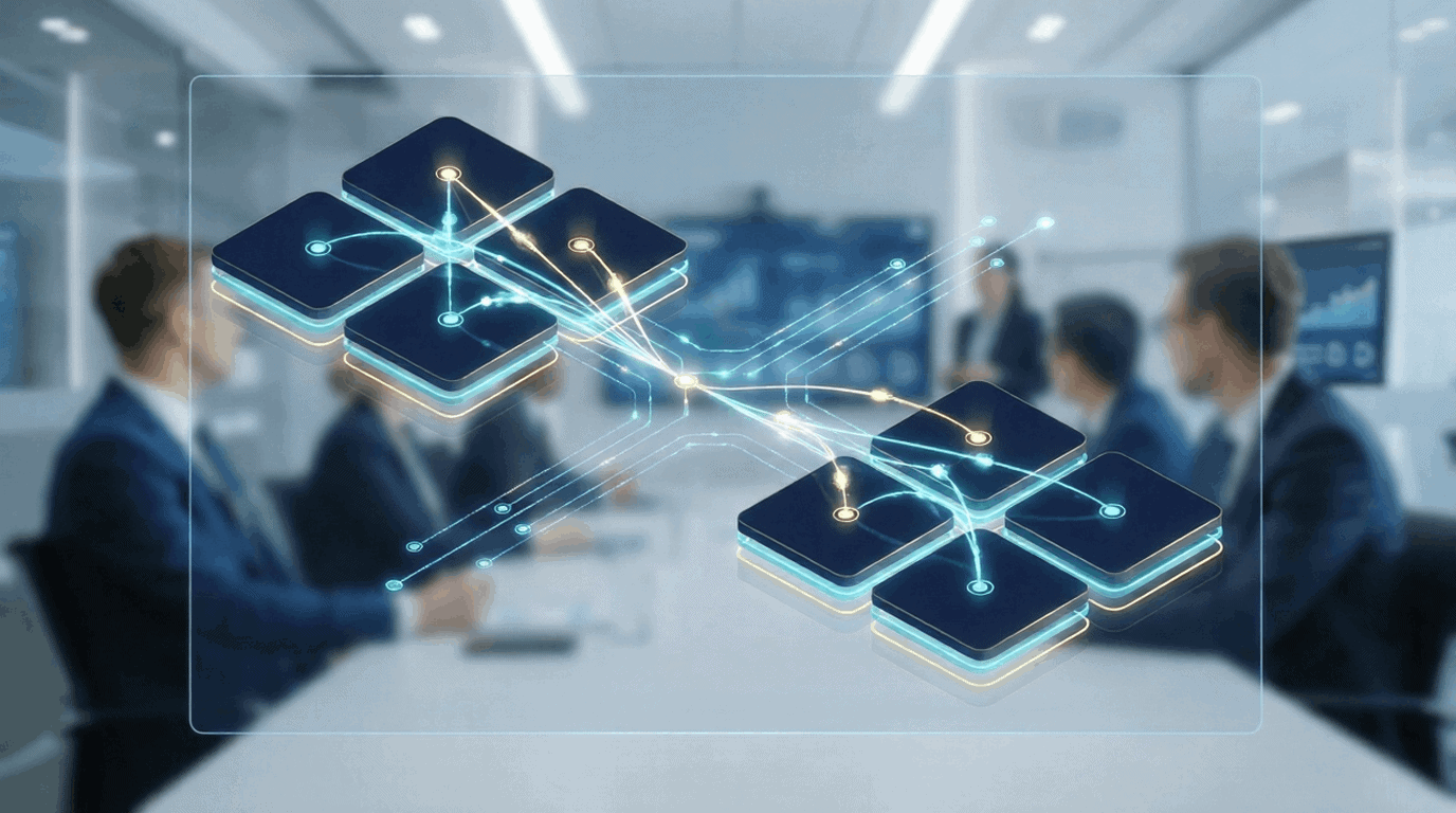 Business meeting with digital network overlay