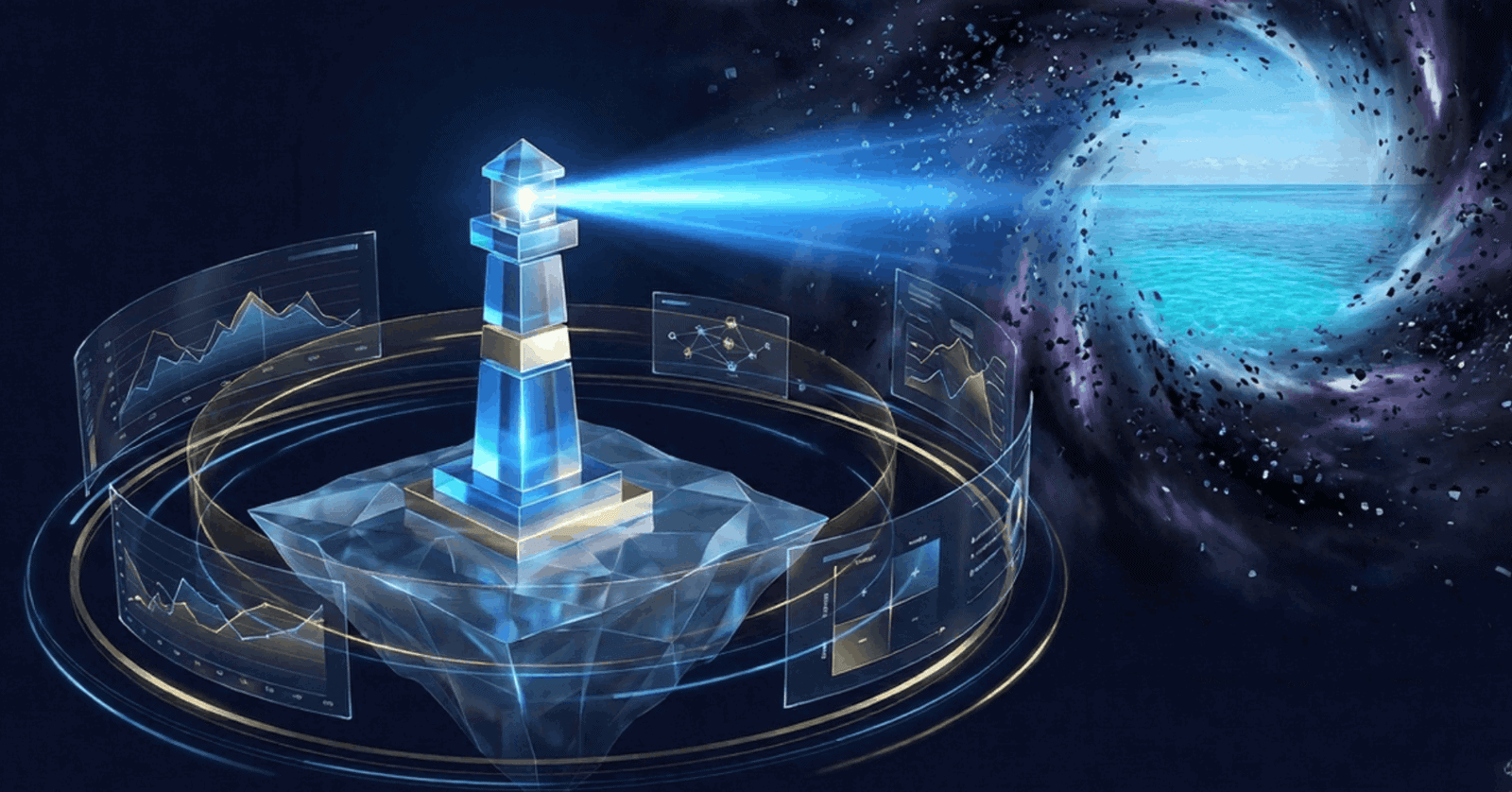 Crystal lighthouse projecting light into whirlpool portal