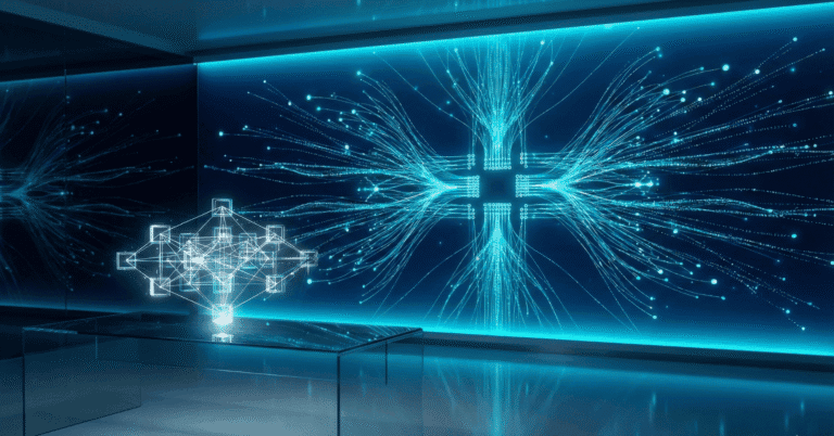 Futuristic digital network light display in dark room.