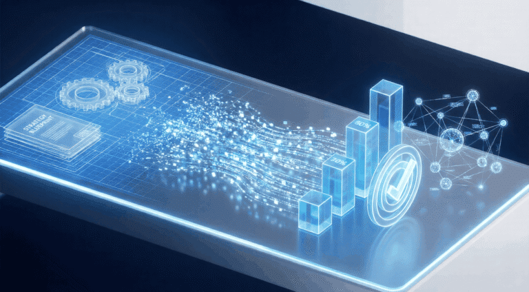 Digital transformation strategy diagram with data flow.