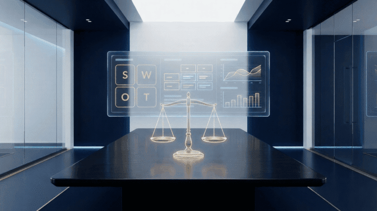 Business room with digital SWOT analysis display.