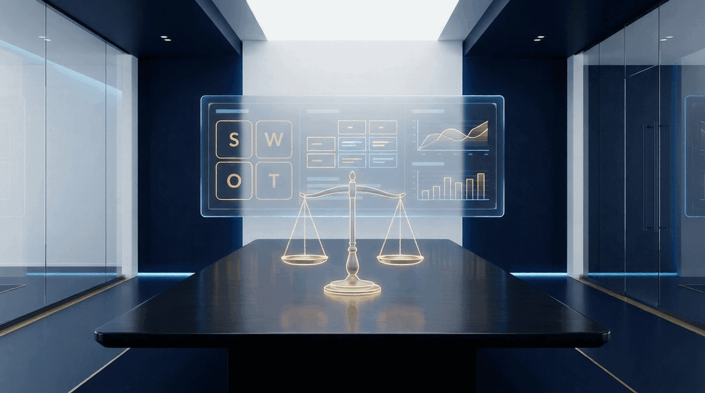 Business room with digital SWOT analysis display.