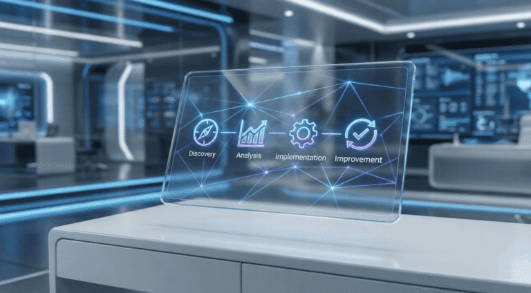 Digital process flowchart in futuristic office space.