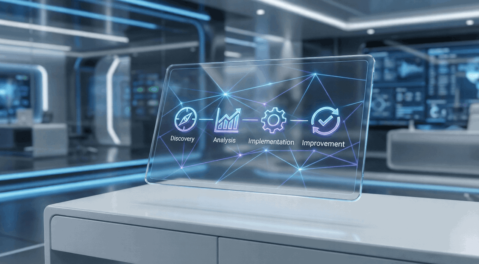 Digital process flowchart in futuristic office space.