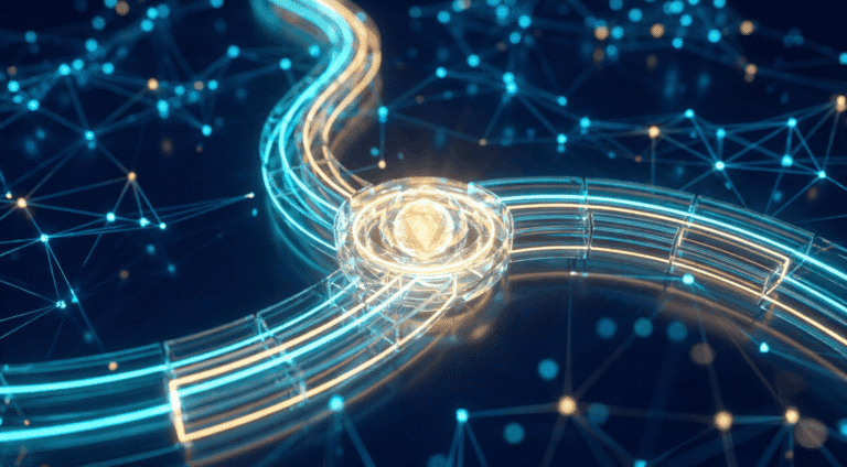 Futuristic digital network with glowing lines and nodes.