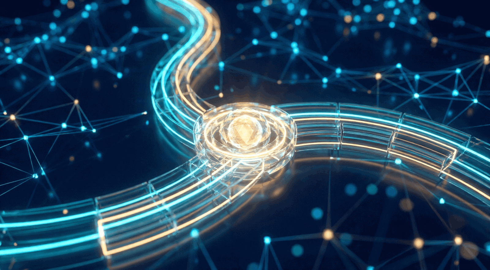 Futuristic digital network with glowing lines and nodes.
