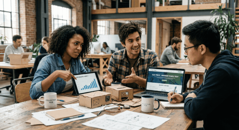 Team discussing project in modern office space.