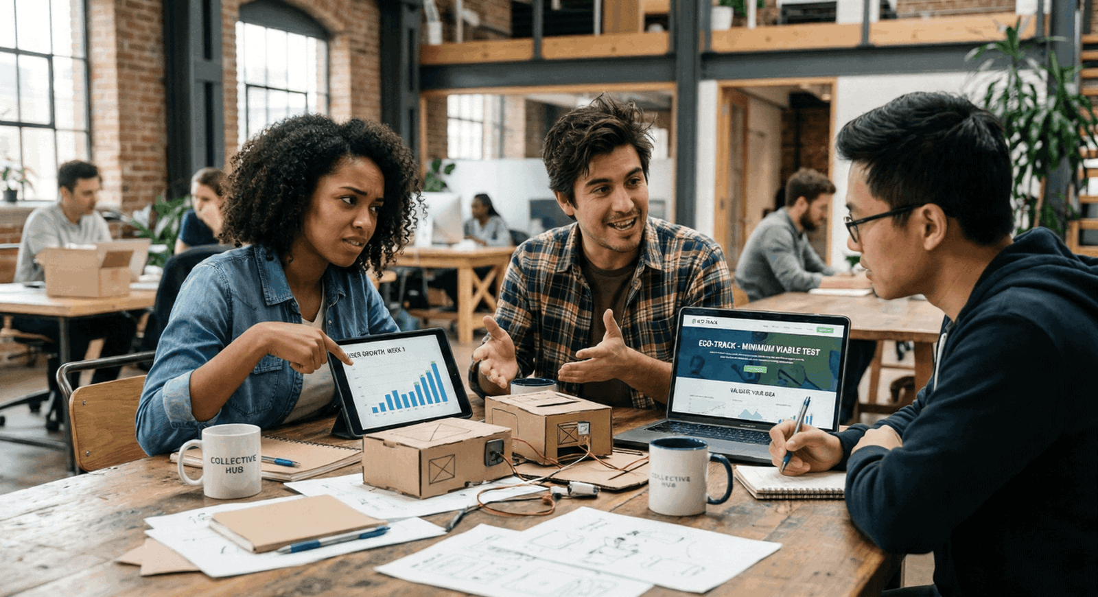 Team discussing project in modern office space.