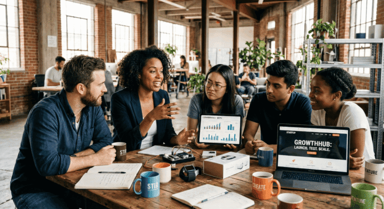 Team collaborating in modern office environment around laptops.
