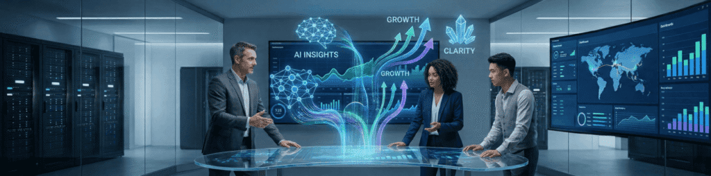 Team discusses AI insights and data analysis.