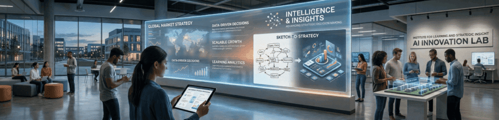 People working in AI innovation lab with screens.