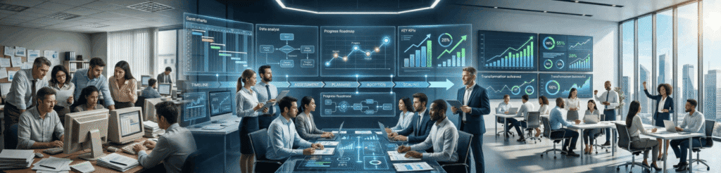 Office teams analysing data on digital screens.