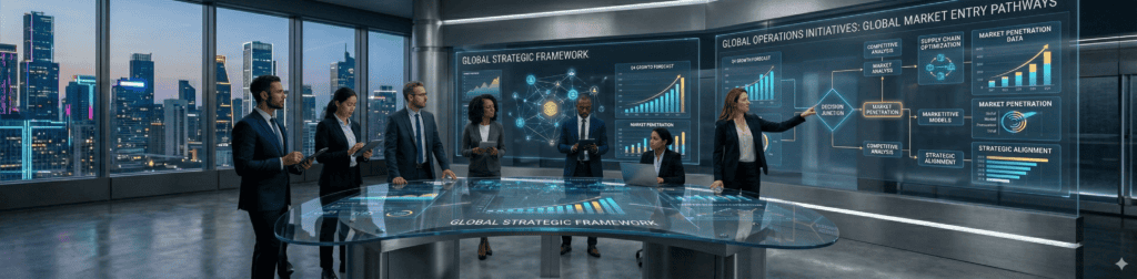 Business team discussing global strategy in office.