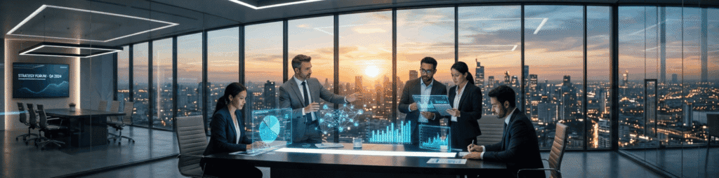 Business meeting in modern office overlooking cityscape.