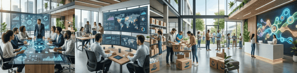 Modern offices with people using technology and collaboration.