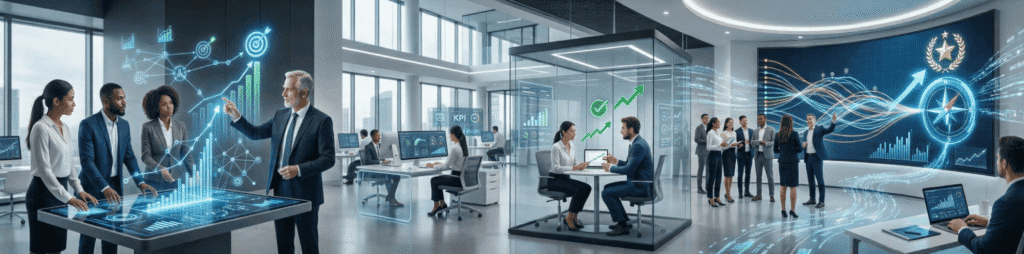 Futuristic office with digital technology and collaboration.