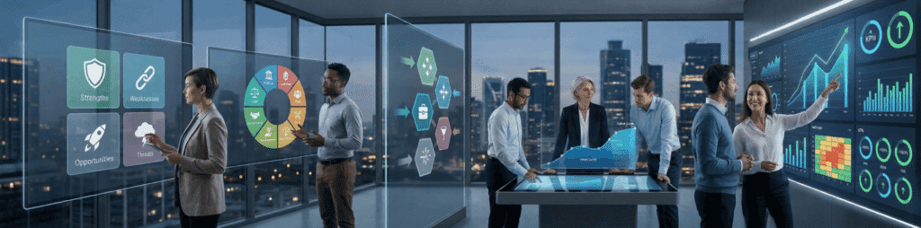 People analysing business data on digital screens.