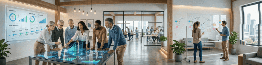 Team collaborates in modern office with digital displays.