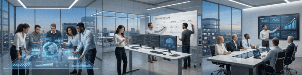 Teams discussing digital data in modern offices.