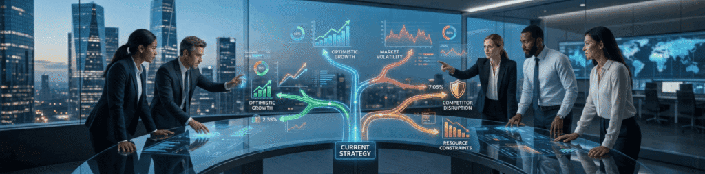 Business team strategising with digital graphs display.
